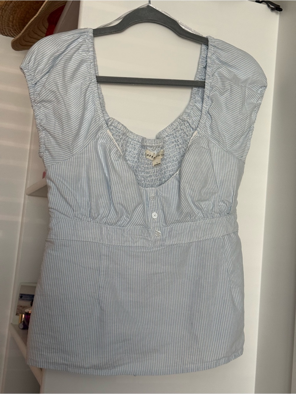 Aeropostale Light Blue & White Pinstripe Cap Sleeve Chemise Top